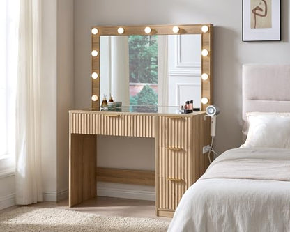 36.2" Fluted Vanity Desk with Large Mirror and Lights, Natural Oak, view 2