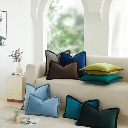 Coffee Velvet Throw Pillow Covers 18x18 Inch Set of 2 with Soft Tassel Fringe Luxury Boho Pillowcase for Sofa Couch Bed Home Decor Machine Washable