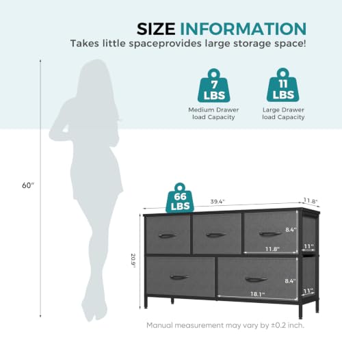 Dresser for Bedroom with 5 Drawers, Wide Chest of Drawers, Grey, view 4