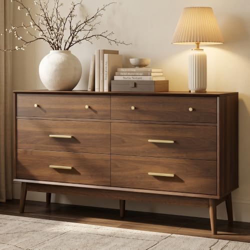 Mid Century Modern 6 Drawer Dresser for Bedroom, 54" W, Dark Walnut, view 2