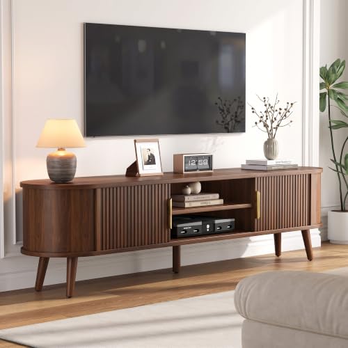Mid Century TV Stand for TVs up to 80" with Fluted Sliding Doors, view 7