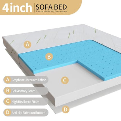 4 Inch Replace Pull Out Sofa Queen Mattress,Queen Size Sleeper Sofa Mattress,Ultra Soft Removable Cover, Non-Slip Bottom, Supportive Seat Pad for RV, Bed, Dorm 58 * 72 * 4 in.