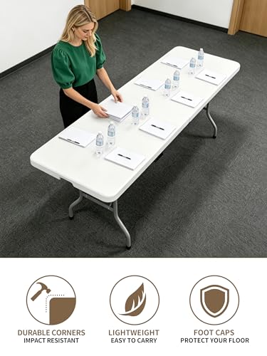 8 Foot Folding Table Portable, 8FT Folding Dining Table for Indoor Outdoor, Heavy Duty Fold-in-Half Plastic Long Large Rectangular Utility Card Tables for Picnic Camping Party, 95x29 inch