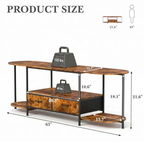 63 Inch TV Stand for TVs Up to 70 Inch, Rustic Brown Entertainment Center with 2 Fabric Drawers, Modern TV Console Table with Curved Edge, Wood Media Stand for Living Room Bedroom