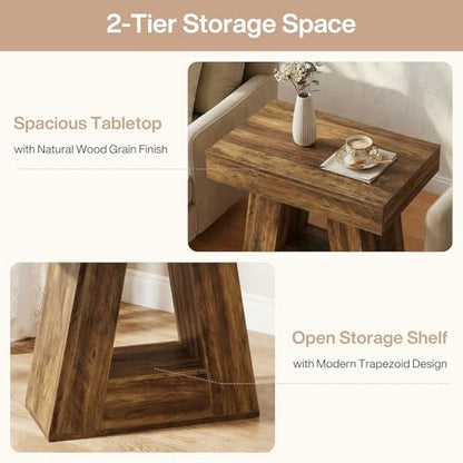 Tribesigns 24" Side Table, Narrow End Table with 2-Tier Storage Shelf, Farmhouse Wooden Nightstand Accent Table with Trapezoid Base for Living Room, Bedroom, Small Spaces, Brown