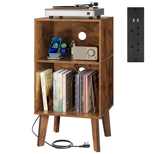 Record Player Stand with Charging Station Mid Century Tall Nightstand, view 2