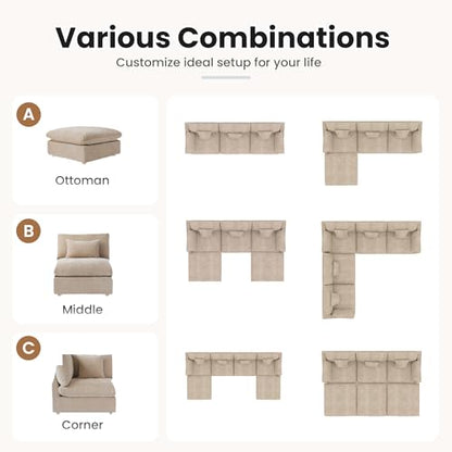 Cloud Couch Modular Sectional Sofa,119.29" L Shaped Couch, Oversized Down Filled Convertible Wide Seater,3 Seater with 1 Ottoman for Living Room Set, Covers Washable&Replaceable,Khaki