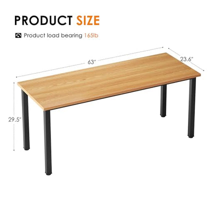 63 Inch Large Computer Desk - Modern Simple Style Home Office Gaming Desk, Basic Writing Table for Study Student, Black Metal Frame, Teak