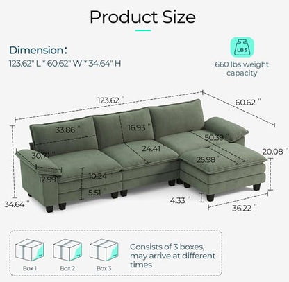 123'' Modular Sectional Sofa 3 Seat Couch Corduroy Cloud Couch with Deep Seat, Modern L-Shaped Cloud Couch with 1 Movable Ottoman for Living Room, Office, Bedroom, Green