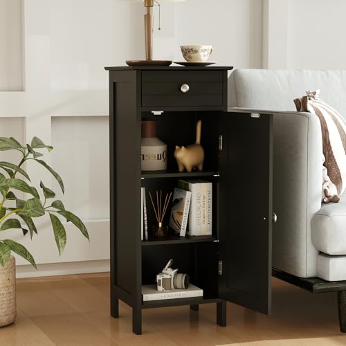 Bathroom Floor Cabinet, Free-Standing Single Door Storage Cabinet with Drawer & 2 Adjustable Shelves, Wooden 14”L Narrow Side Storage Organizer for Small Spaces, Living Room, Kitchen (Black)