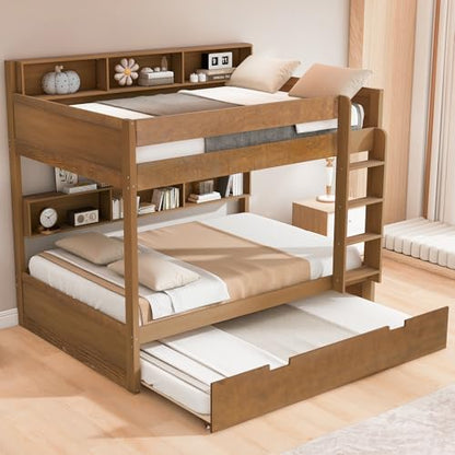 JIVOIT Full Over Full Bunk Bed with Pull-Out Trundle, Space-Saving Wood Bunk Bed Frame with Built-in Storage Shelves, Ladder, Modern Design, No Box Spring Required (Antique Wood/Full,9)