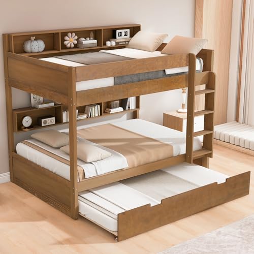 JIVOIT Full Over Full Bunk Bed with Pull-Out Trundle, Space-Saving Wood Bunk Bed Frame with Built-in Storage Shelves, Ladder, Modern Design, No Box Spring Required (Antique Wood/Full,9)