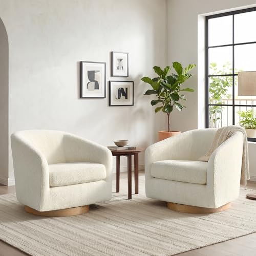 CHITA Swivel Accent Chair Set of 2, FSC Wood Frame, Fully Assembled, Cream | Fabric Barrel Arm Chair with 360° Swivel Solid Wood Base, Mid Century Modern Living Room Chair, 31"x31"x28", 350 Lb Capacity