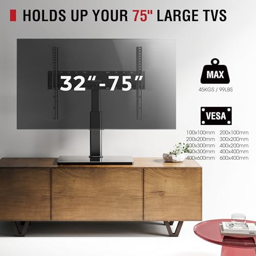 Swivel Universal TV Stand for 32-75 inch TVs with Tilt Down/Up, 8 Levels Height Adjustable Table Top TV Mount Stand with Stable Heavy Duty Tempered Glass Base, MAX VESA 600x400 mm, up to 99lbs, Black