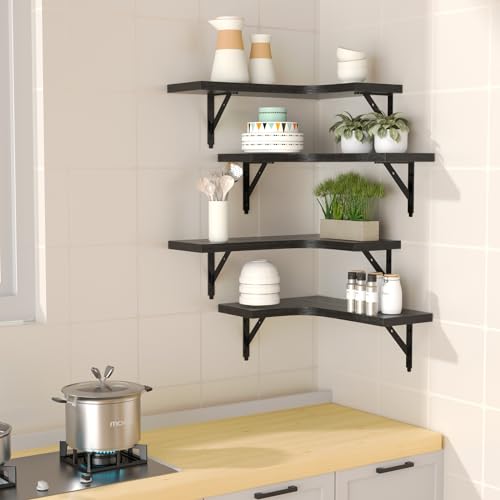 ROMGUAR CRAFT Corner Floating Shelves Wall Mounted Set of 4, Rustic Wood Storage Display Shelves for Home Decor, Bathroom, Kitchen, Bedroom, Living Room, Office (Black)