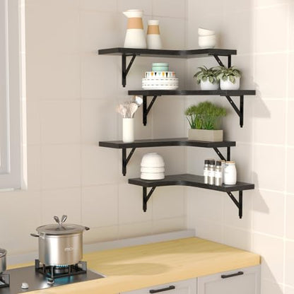 ROMGUAR CRAFT Corner Floating Shelves Wall Mounted Set of 4, Rustic Wood Storage Display Shelves for Home Decor, Bathroom, Kitchen, Bedroom, Living Room, Office (Black)