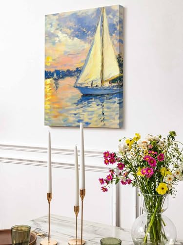 NuYeBiofx Coastal Ocean Sailboat Canvas Wall Art Prints,48"x32" Framed Picture Artwork Nautical Theme Oil Painting Art Printed Canvas Oil Painting for Living Room Bedroom Office,Ready to Hang