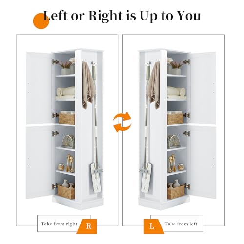 68 Inch Bathroom Storage Cabinet with Adjustable Shelves, White | White MDF, bathroom or utility room, side hook, 2-door cabinet, metal handles, anti-tip kit, 21 in W, 14 in D, 68 in H