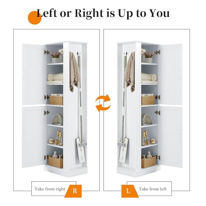 68 Inch Bathroom Storage Cabinet with Adjustable Shelves, White | White MDF, bathroom or utility room, side hook, 2-door cabinet, metal handles, anti-tip kit, 21 in W, 14 in D, 68 in H