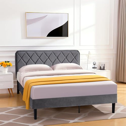 Queen Size Bed Frame, Velvet Upholstered Platform with Adjustable Headboard, view 5