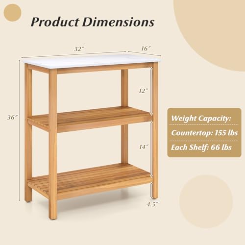 Patio Wooden Sideboard, 3-Tier Acacia Outdoor Kitchen Buffet Organizer w/Marble-Like Countertop & 2 Slatted Shelves, Garden Potting Bench Table & Plant Stand for Backyard, Garden, Deck