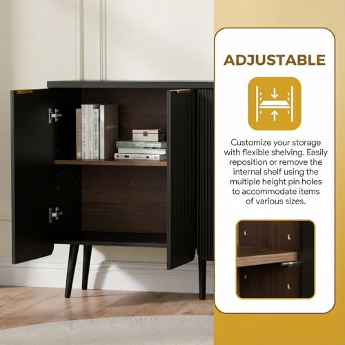 47.2" Modern Fluted Sideboard Cabinet with 4 Doors, Wood Storage Credenza with Shelves, Multi-Purpose Buffet Cabinet for Entryway, Dining & Living Room, Black