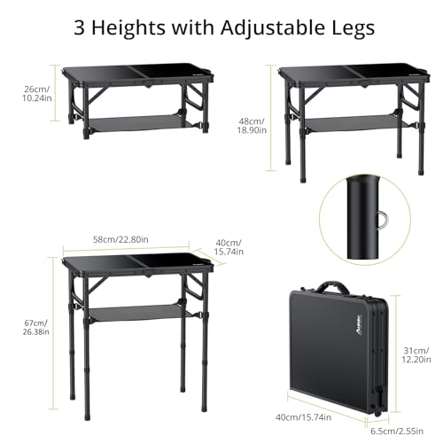 2ft Folding Camping Table with Storage Net, 3 Adjustable Heights Small Folding Table Lightweight & Portable with Carry Handle, for Camping, Fishing, Picnic, Beach, Outdoor, 22.8" x 15.7", Black