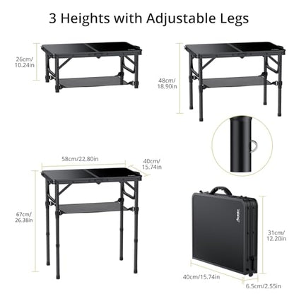 2ft Folding Camping Table with Storage Net, 3 Adjustable Heights Small Folding Table Lightweight & Portable with Carry Handle, for Camping, Fishing, Picnic, Beach, Outdoor, 22.8" x 15.7", Black