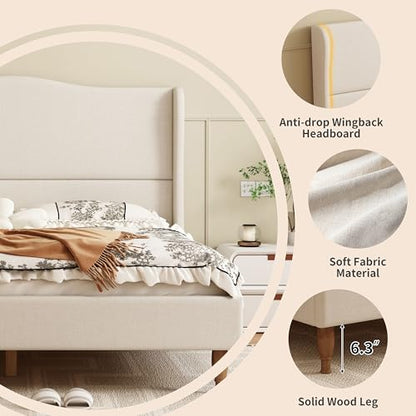 Wingback Upholstered Platform Bed with 50.6 Inch Tall Headboard, Beige, view 8
