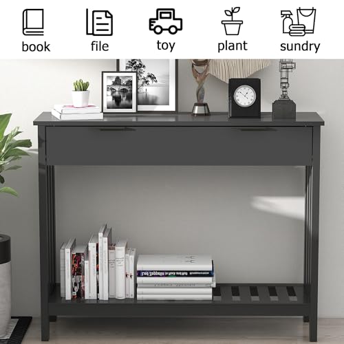 Black Narrow Console Table with Drawer Storage Shelf, Modern Wooden Entryway Sofa Table, 39 Inch Slim Behind Couch Table, Side Display Console Table for Living Room,Office,Black