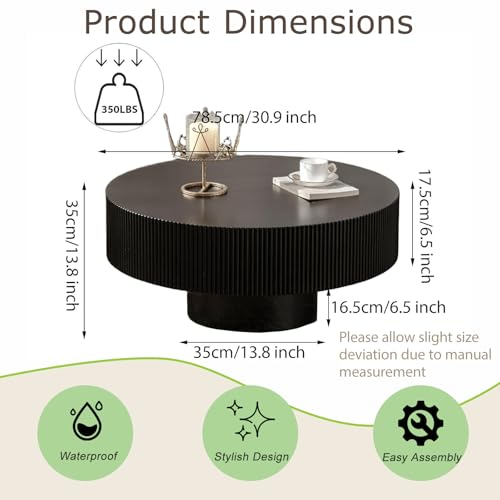 30.9” Black Fluted Drum Table-Round Wood Coffee Table | Low Profile Circle Accent Table for Small Space, Living Room