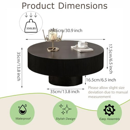 30.9” Black Fluted Drum Table-Round Wood Coffee Table | Low Profile Circle Accent Table for Small Space, Living Room