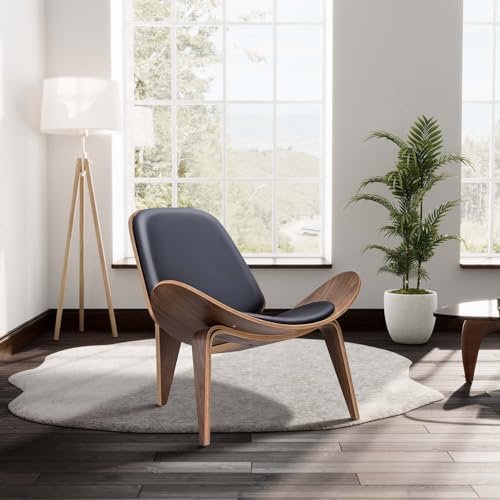 Furgle Mid Century Modern Shell Lounge Chair, PU Leather, Tripod Plywood Classic Design Solid Wood Accent Chairs for Living Room, Reading, Lounge, Office, Salon(Walnut)