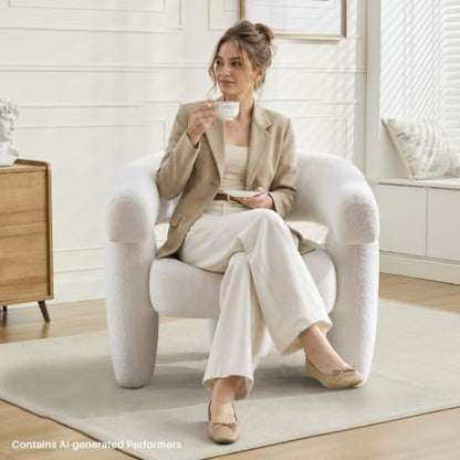 Mid Century Modern Accent Barrel Chair Comfy Upholstered Round Armchair with Montage Design, Sherpa Boucle Lounge Chair for Living Room Bedroom Apartment, Cream White