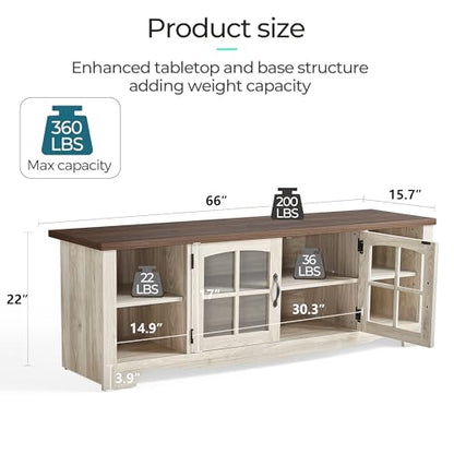TV Stand for 75 Inch TV, Modern Farmhouse Entertainment Center with Storage Cabinets and Glass Doors, Tall Media Console Table for Living Room, Bedroom, Large Long Television Stand, Beige