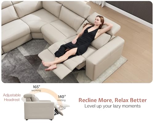 Power Recliner Sectional Sofa with Storage/USB Port, Leather Recliner Sofa with Adjustable Headrest, Reclining Sectional Couches with Console and Cup Holder for Living Room (Beige Brown)