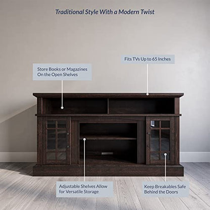 Traditional 58 Inch Rustic Wood TV Stand & Media Entertainment Center Console Table for TVs up to 65 Inches with Open Storage Shelves & Cabinets - Astorga (Espresso)