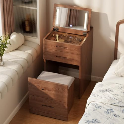 Solid Wood Small Makeup Vanity with Chair, Fully Assembled, Walnut, view 2