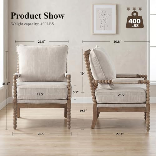 Linen Fabric Spindle Accent Chair with Wood Frame,Modern Accent Chairs with Padded Spring Seat and Brushed White Base for Living Room Bedroom Farmhouse Home Office Belcony