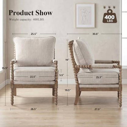 Linen Fabric Spindle Accent Chair with Wood Frame,Modern Accent Chairs with Padded Spring Seat and Brushed White Base for Living Room Bedroom Farmhouse Home Office Belcony