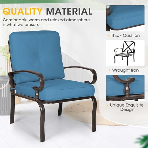 5 Pcs(6 Seats) Outdoor Metal Furniture Sets Wrought Iron Patio Conversation Sets, (Glider, 2 Single Chairs, Loveseat, and Coffee Table) with Cushion (Peacock Blue)