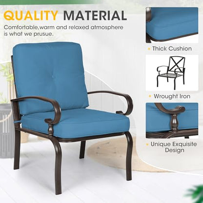 5 Pcs(6 Seats) Outdoor Metal Furniture Sets Wrought Iron Patio Conversation Sets, (Glider, 2 Single Chairs, Loveseat, and Coffee Table) with Cushion (Peacock Blue)