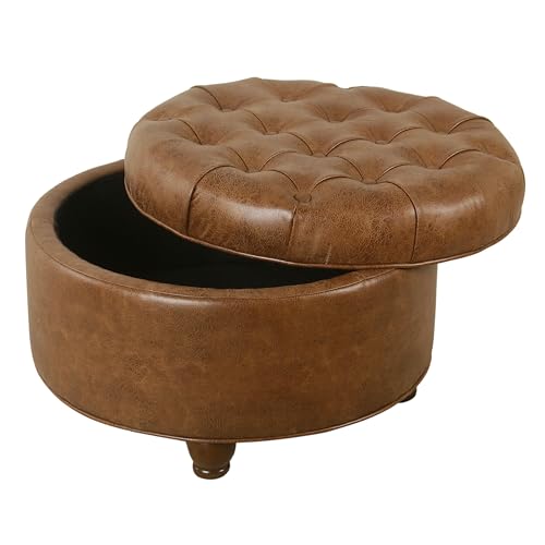 25" Button Tufted Round Storage Ottoman - Brown Faux Leather