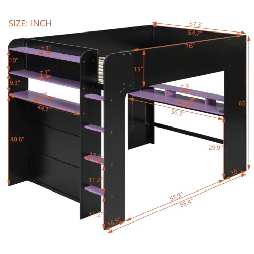 Full Size Wood Bunk Bed with Height-Adjustable Desk, Wardrobe, Open Shelves