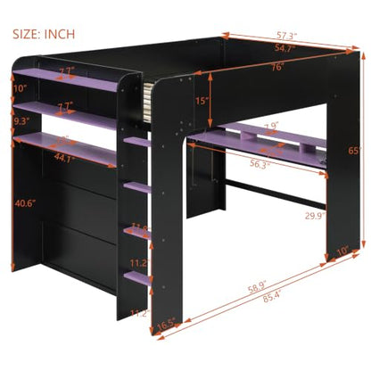 Full Size Wood Bunk Bed with Height-Adjustable Desk, Wardrobe, Open Shelves