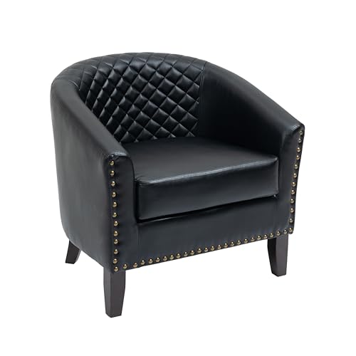 Faux Leather Barrel Accent Chairs Set of 2, Modern Club Upholstered Arm Chair, Comfy Armchair Nailed Trim Living Room Single Sofa Reading Seat Bedroom Side Sitting for Office, Black