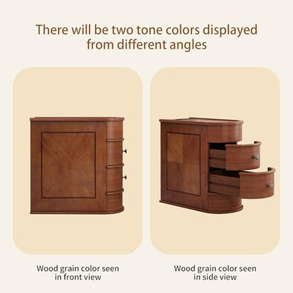 Narrow Solid Wood End Table with Charging Station, Brown | Vintage Slim Sofa Side Table & Nightstand, 2 Drawers, Compact Wood Storage, Fully Assembled