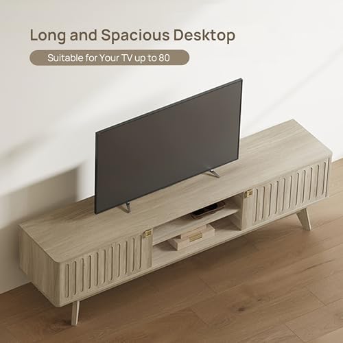 Modern TV Stand for 65/75/80 Inch TV, Long 70" TV Stand Entertainment Center with 2 Storage Cabinets, Fluted-Door Media TV Console Credenza Table for Living Room, Hallway, Light Oak