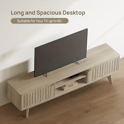 Modern TV Stand for 65/75/80 Inch TV, Long 70" TV Stand Entertainment Center with 2 Storage Cabinets, Fluted-Door Media TV Console Credenza Table for Living Room, Hallway, Light Oak