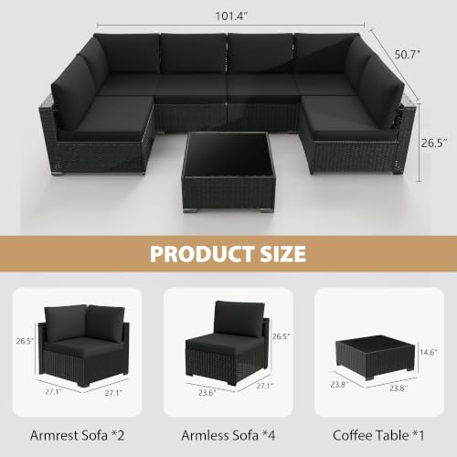 7-Piece Patio Furniture Set, All-Weather PE Rattan Outdoor Sectional Sofa, Modular Wicker Conversation Set with Thick Washable & Easy-Clean Coffee Table（Black/Black-X）